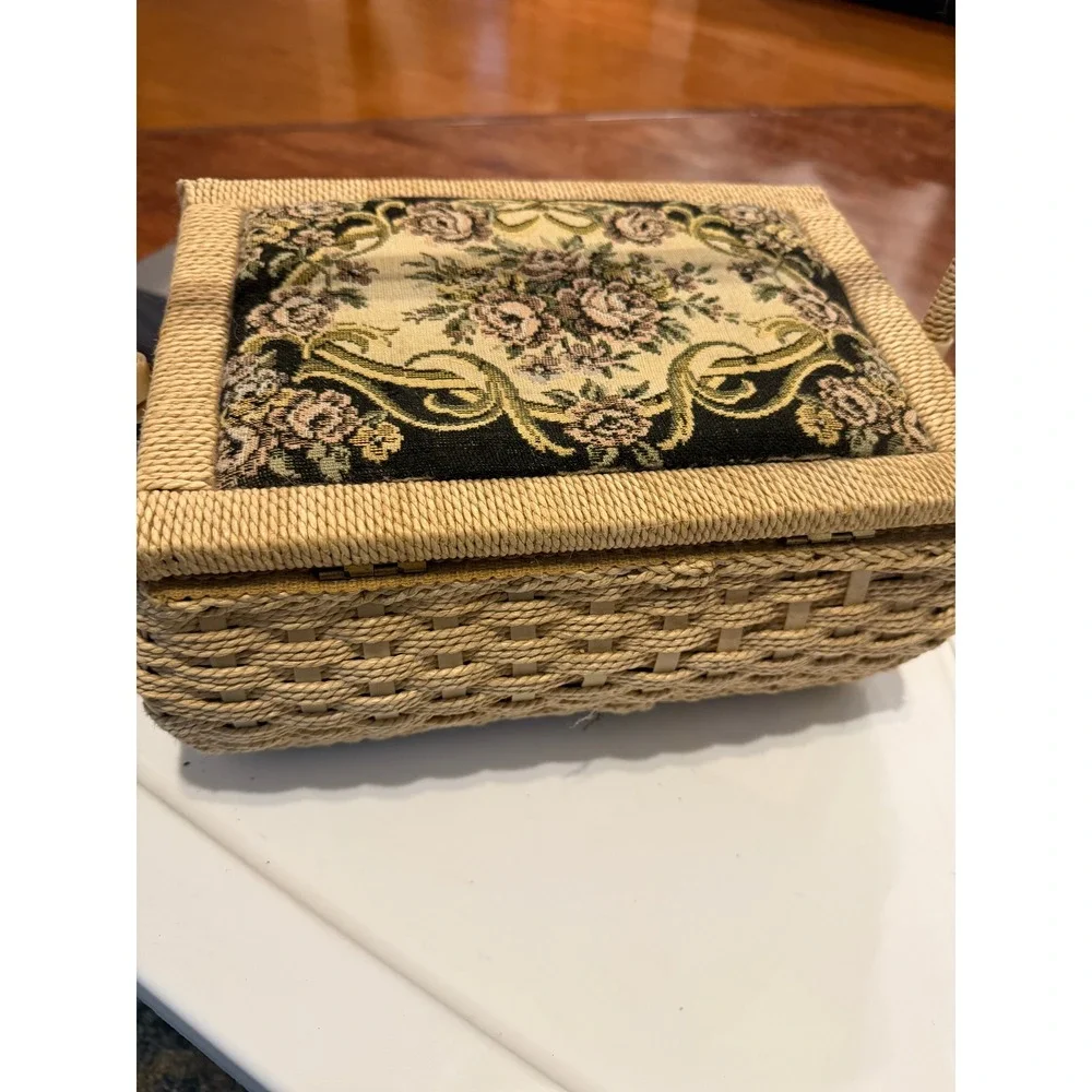 Vintage Wicker Sewing Basket Floral Tapestry Lid with Notions 10x7 Mid Century